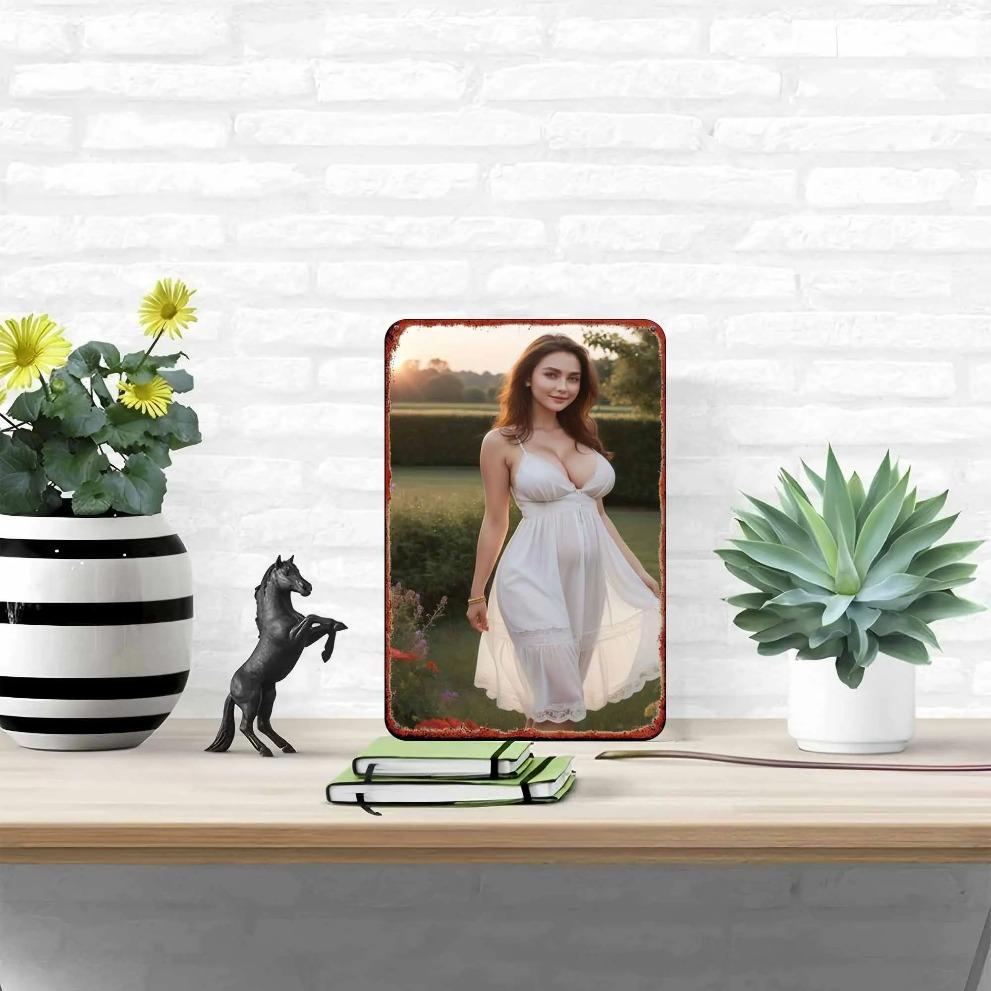 Vintage Metal Tin Sign - Farmhouse Wall Art Rustic White Dress Woman Decor for Bedroom Bar Garage Outdoor