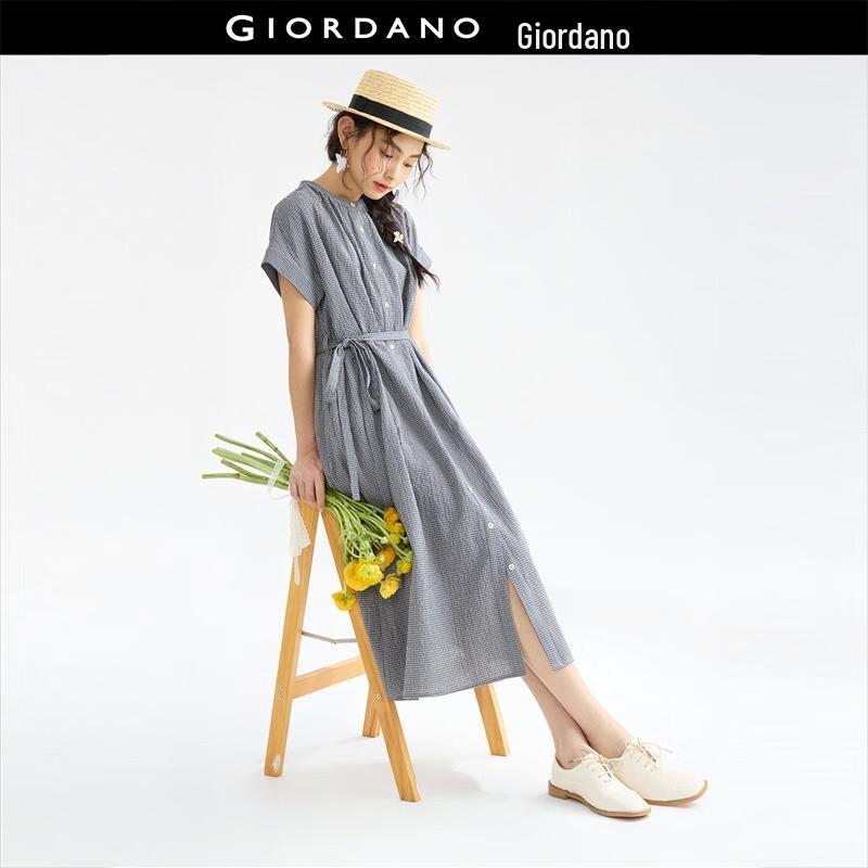 

Giordano Women s Plaid Tie-Sleeve Short-Sleeve Mid-Length Dress M
