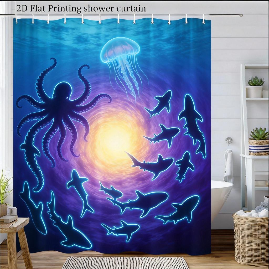 Shark Shower Curtain Oceanic Underwater Scene Print Polyester Bath Curtain With Hooks For Marine Decor