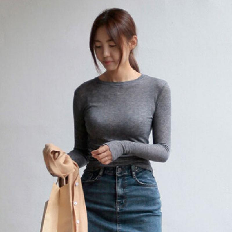 Women's Spring/Summer Fitted Versatile Slimming Round-Neck Long-Sleeve Casual T-Shirt