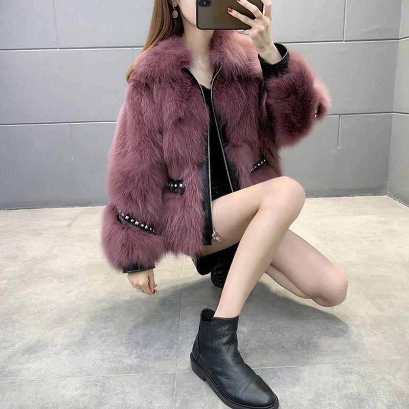Fashion short fur coat women's winter new design rivet bat sleeve fur integrated coat