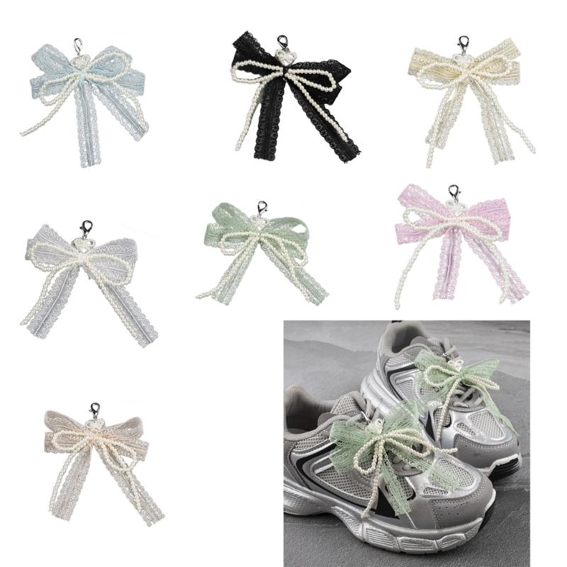 ABS Pearls and Lace Bowknot Detachable Shoe Ornament Women Shoelaces Charm Sophisticated Detachable Footwear Ornament