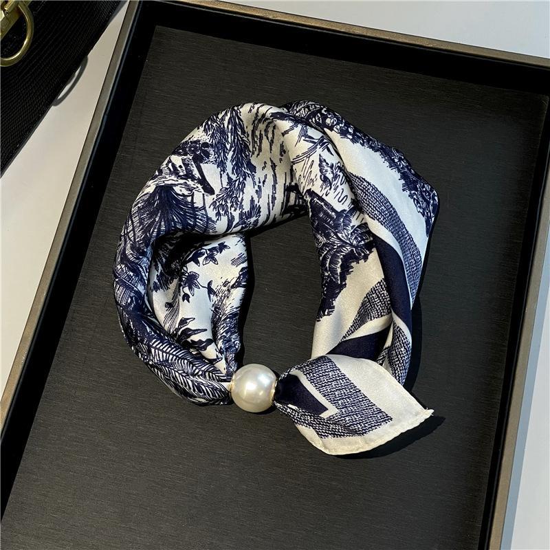Thin Pearl Necklace with Magnetic Clasp, Lazy-style Silk Scarf, Women's Pendant Scarf, Collarbone Chain