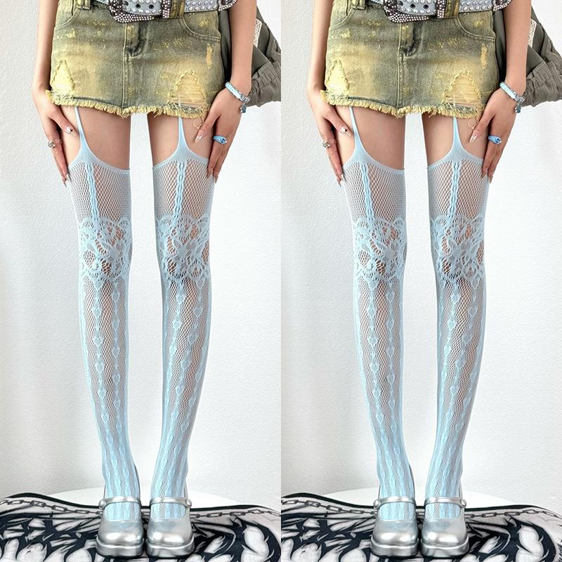 1/2 Pairs Y2K Style Fishnet Suspender Stockings Women Hollow Out Mesh Jacquard Garter Belt Tights Love Heart Pattern Jk