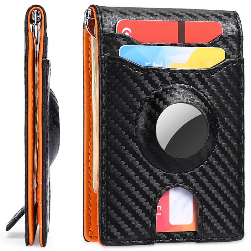 2025 Men's Airtag RFID Wallet Slim Money Clip Short Wallet Carbon Fiber Pattern Anti-Theft Change Purser for Daily/Travel Use