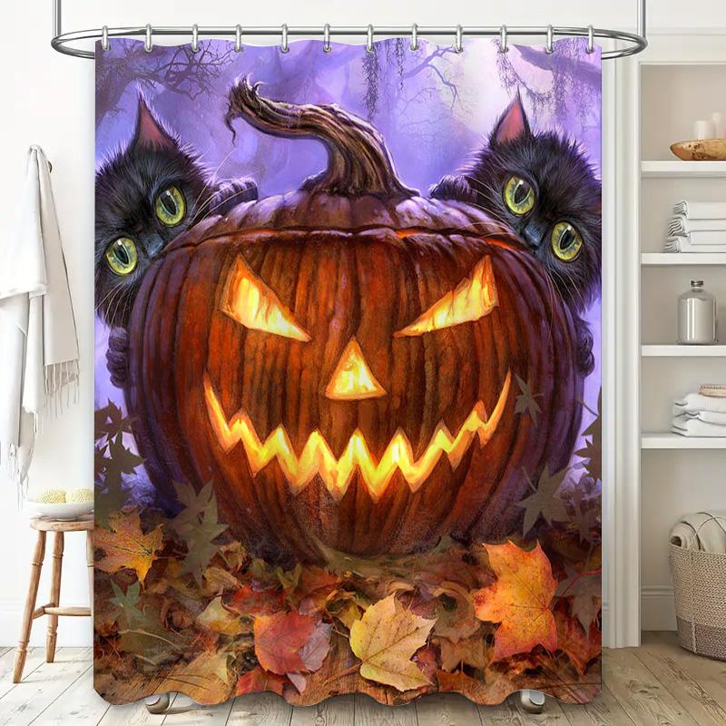 Halloween Pumpkin Cat-themed Shower Curtain Made of Polyester Fabric with Waterproof Printing for Home Bathroom Decor Accessorie
