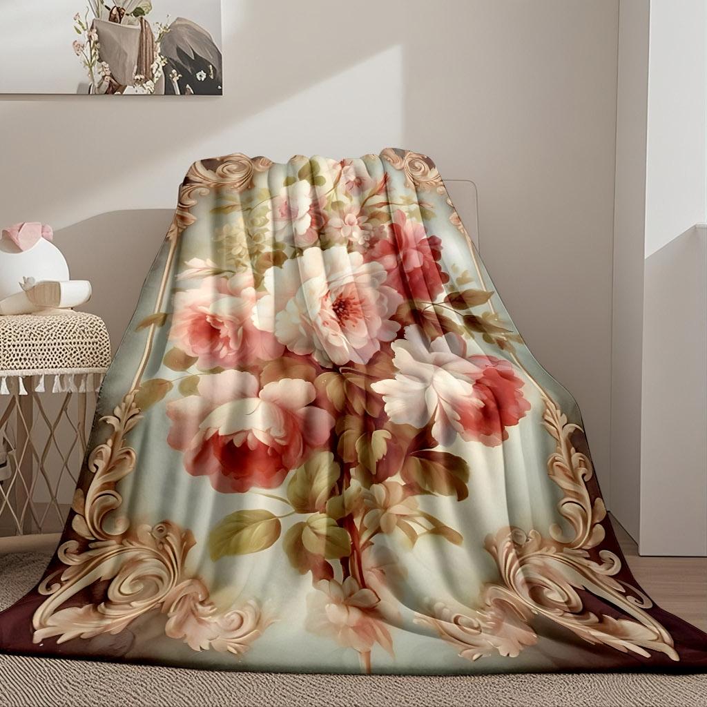 Vintage Baroque Carving Frame Pink Peony Oil Painting Flannel Blanket Soft Warm Throw Blanket For Sofa Bedroom Farmhouse Home