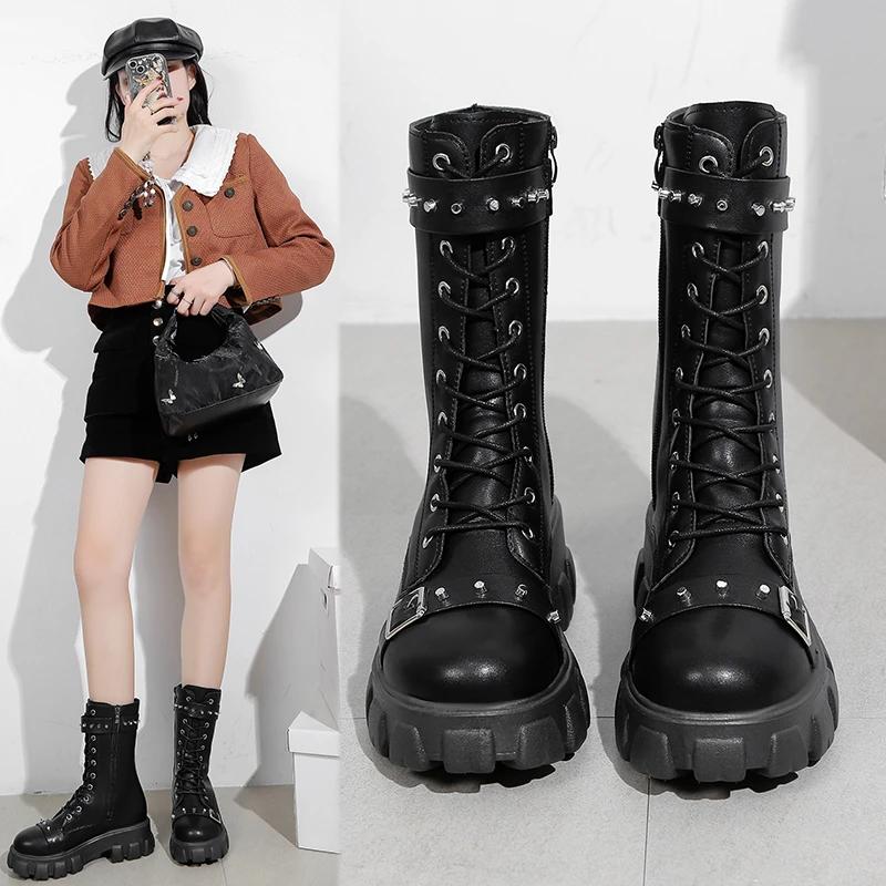 Fashion Fashion Large Size Women's Thick-soled Boots 2024 New Rivet Decoration Handsome Girl High-top Motorcycle Boots Botas De Mujer