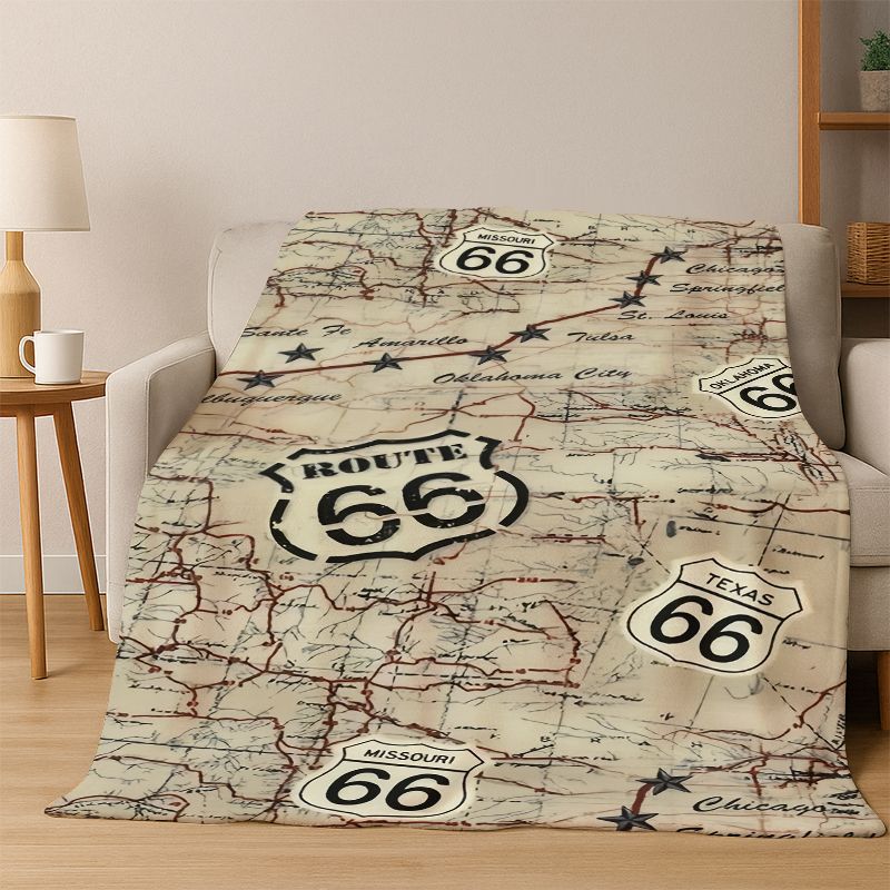 Retro Route66 Amerika Mutter der Straßen Schild Flanelldecke Weiche Warme Überwurfdecke für Schlafzimmer Wohnzimmer Bett Reise Camping Picknick