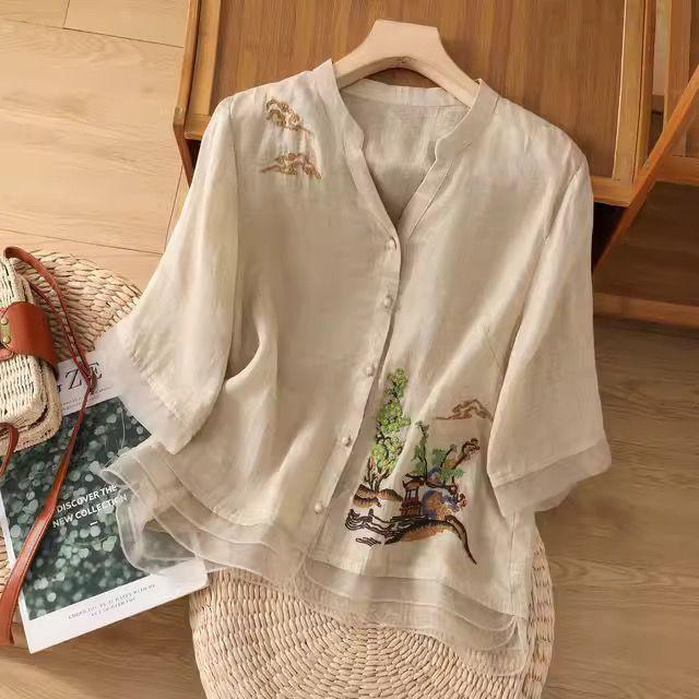 

GMXIA Летняя хлопково-льняная художественная ретро этническая вышивка V-образный вырез стильная женская футболка с коротким рукавом топ XXXL абрикосовый