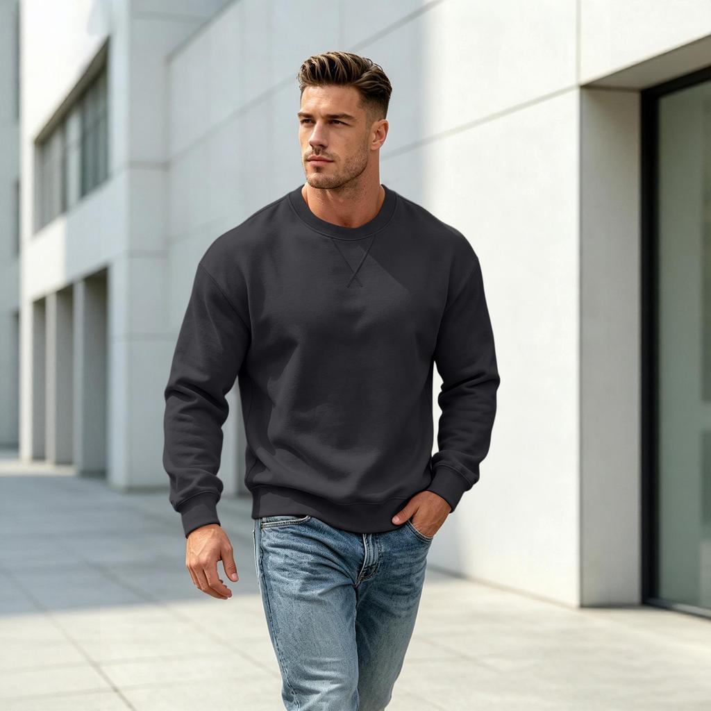 Men's Casual Drop Shoulder Sweatshirt Long Sleeve Crewneck Pullover for Sports and Daily Wear