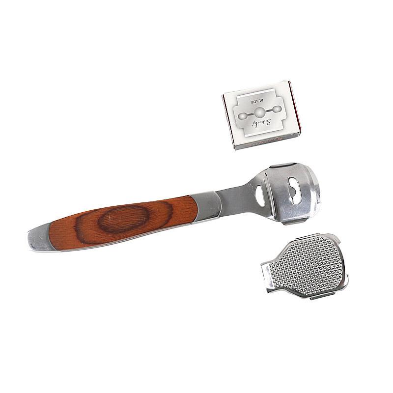 

Скребок для ног из нержавеющей стали с деревянной ручкой для удаления омертвевшей кожи, педикюрный нож для удаления мозолей, терка заменяется 10 лезвиями