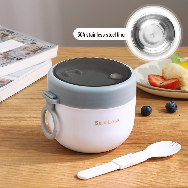 304 Stainless Steel Insulated Breakfast Cup with Lid & Spoon - Large Capacity for Porridge, Oatmeal, Milk; Portable for Students & Office Workers