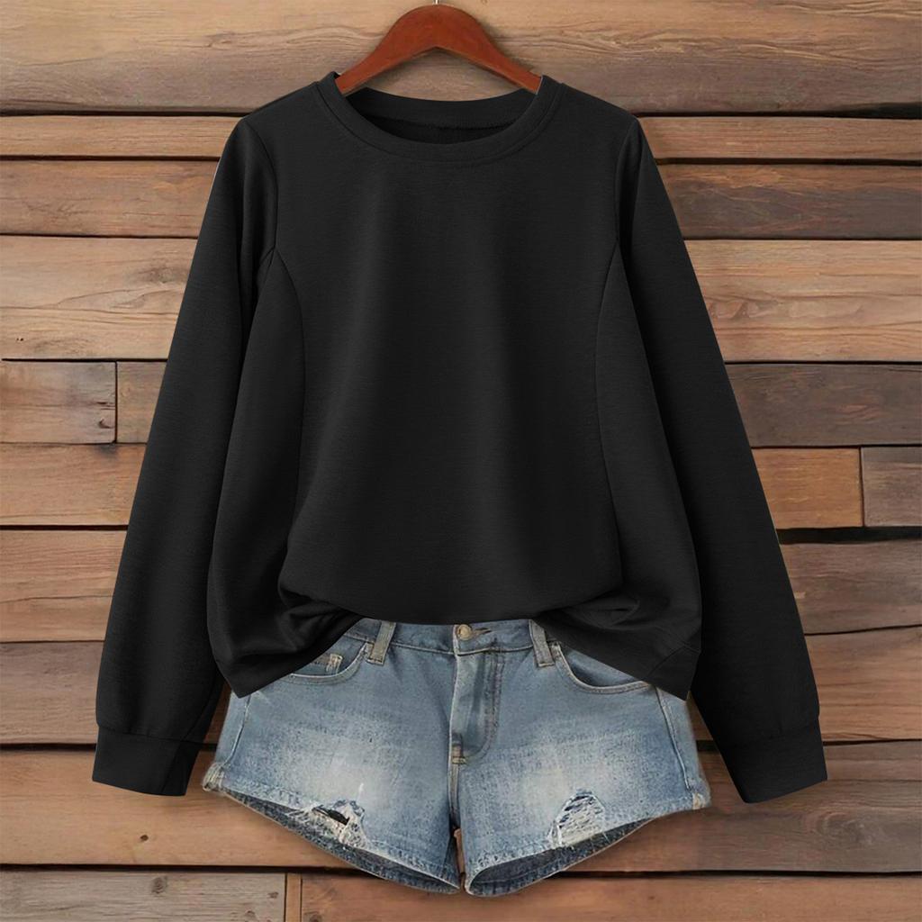 Women's Fashionable Solid Color Round Neck Long Sleeved Sports Casual Pullover Sweatshirt Top