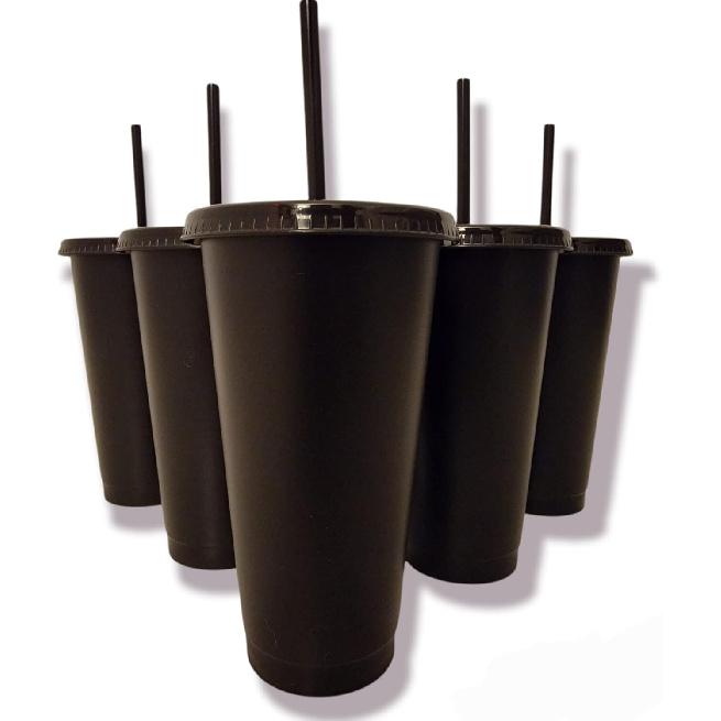 Matte Black Plastic Cups with Lids and Straws Reusable Tumbler Cold Cup | 24oz - 5 Pack | Customize & Personalize - Great for Iced Coffee, Travel,