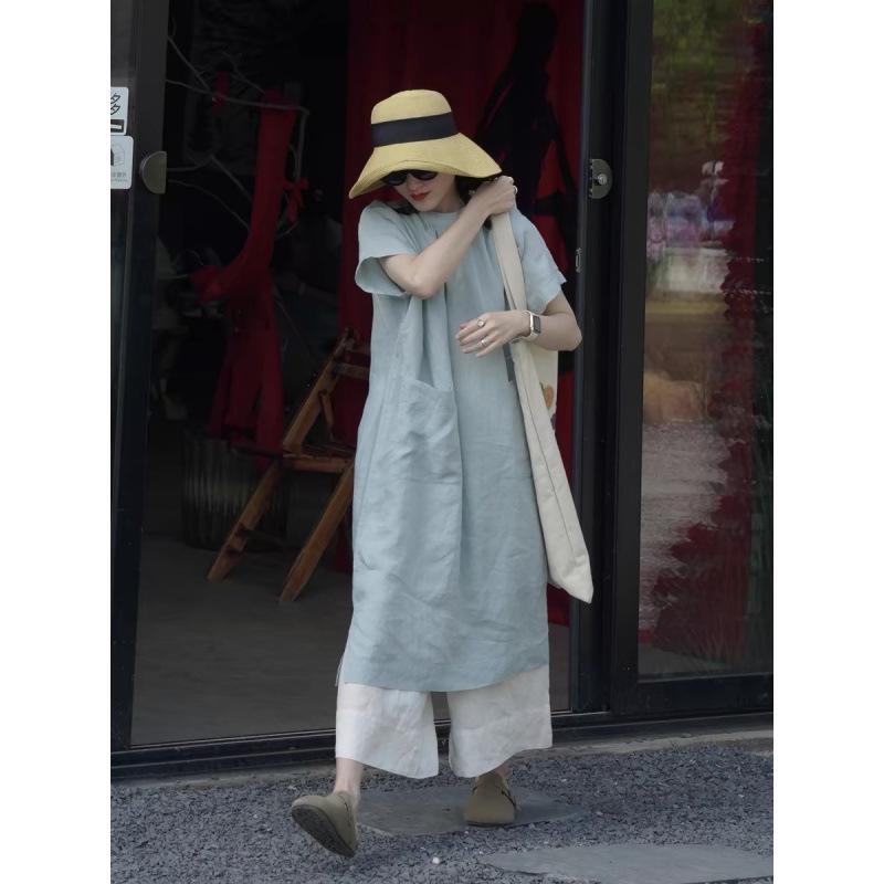 Elegant Japanese-French Plus Size Summer Dress with Pockets