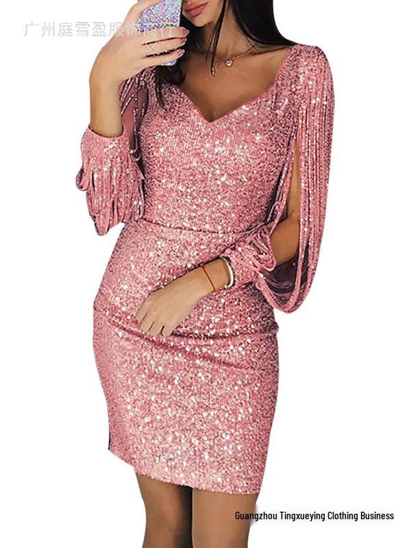 New Sexy Sequin Tassel Nightclub Party Dress with Long Sleeves