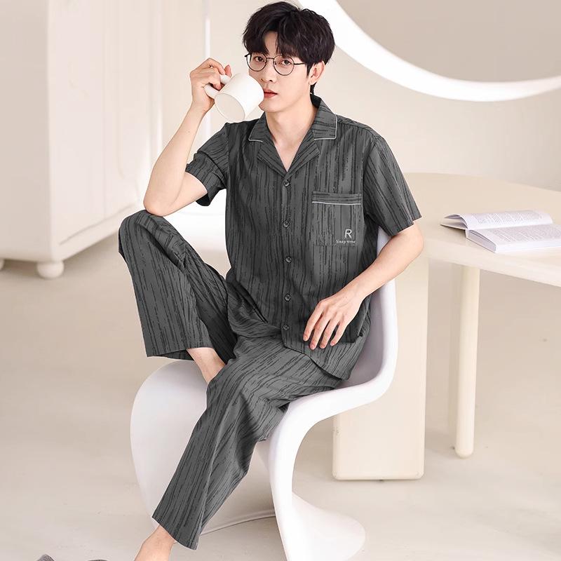 Men's Summer Short Sleeve & Long Pants 3-Piece Plus Size Set - Lightweight Cool Home Wear