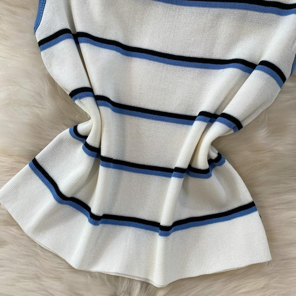 Casual Striped Crew-Neck Sleeveless Knit Top and High-Waisted Slimming Bodycon Midi Skirt Sets Summer Knitted Two Piece Sets for Women