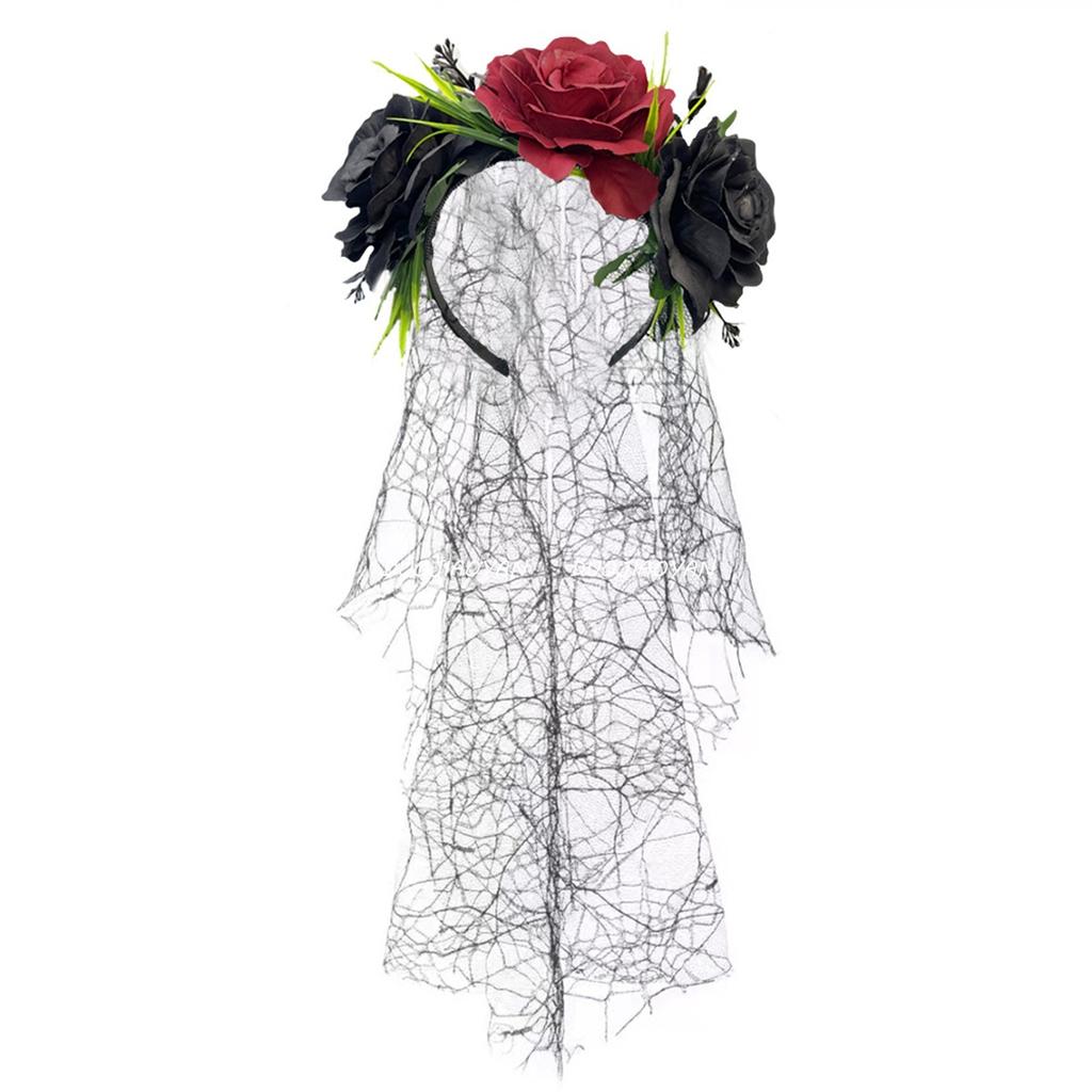 Skull Skeleton Hand Veil Headpiece with Dark Series Flower For Halloween Costume And Themed Photoshoots Wear