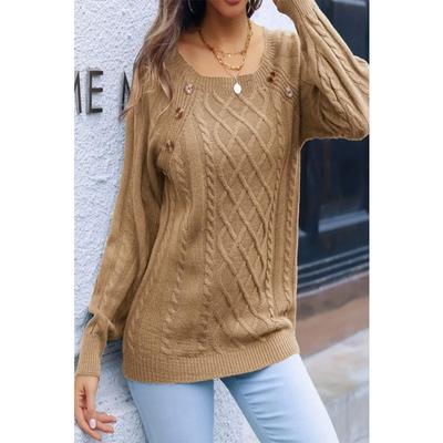 Autumn and Winter Women's Casual Square Neck Staple Button Twist Knit Pullover Sweater