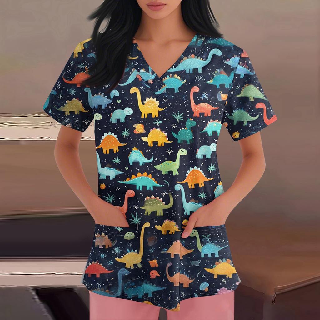 Dámské pracovní oblečení s výstřihem do V a krátkým rukávem s potiskem, s bočními kapsami s rozparky a uniformy