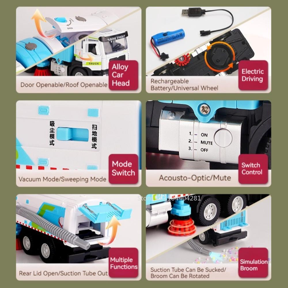1: 50 Electric Sweeper Alloy Watering Truck Diecast Model Miniature Toys Car Doors Opened Sound Light Vehices For Children Gifts