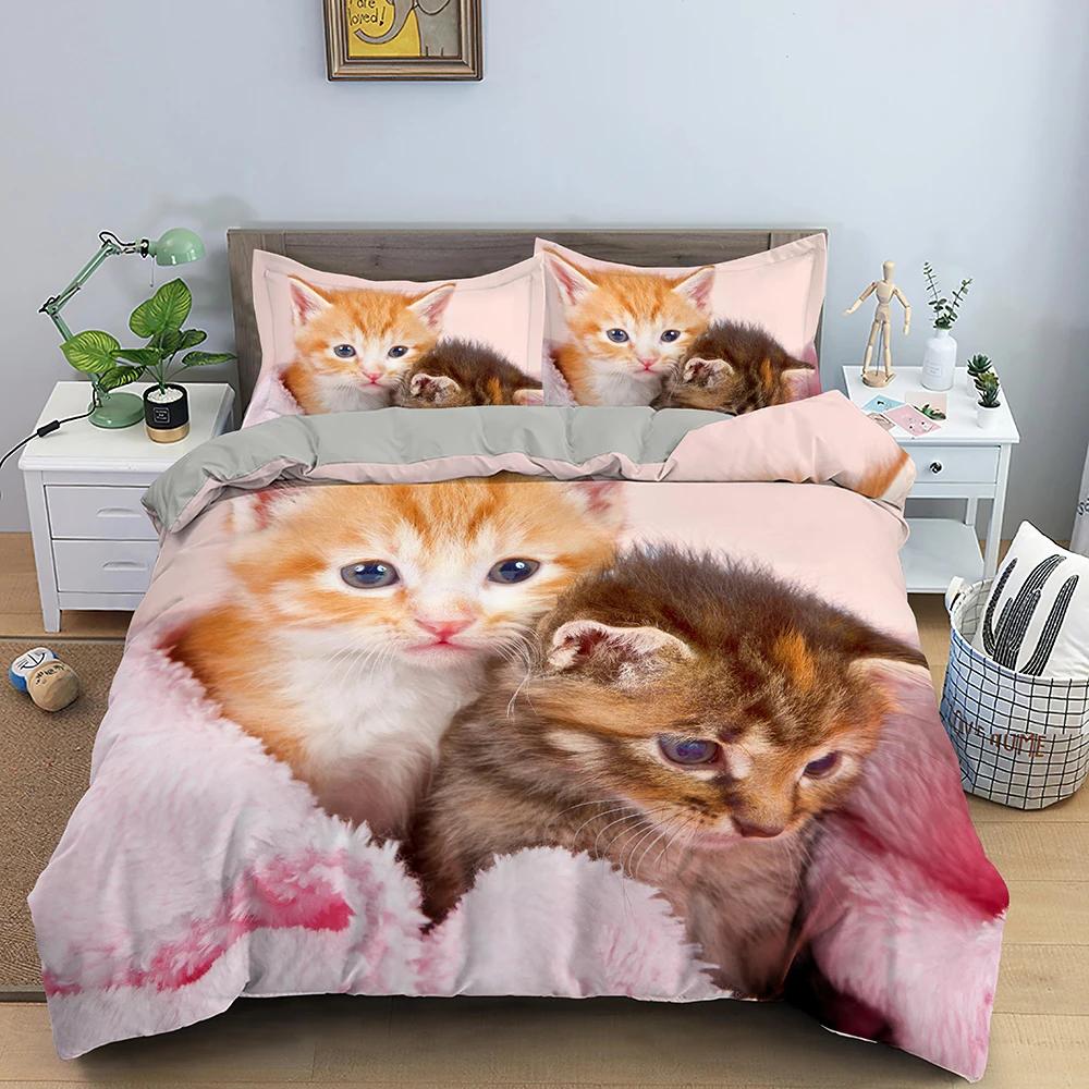 3D zvířecí vzor Sada povlaků na přikrývku Sada povlečení se vzorem roztomilé kočky Polyesterový povlak na přikrývku King Twin Single Size Domácí Textilní Kotě
