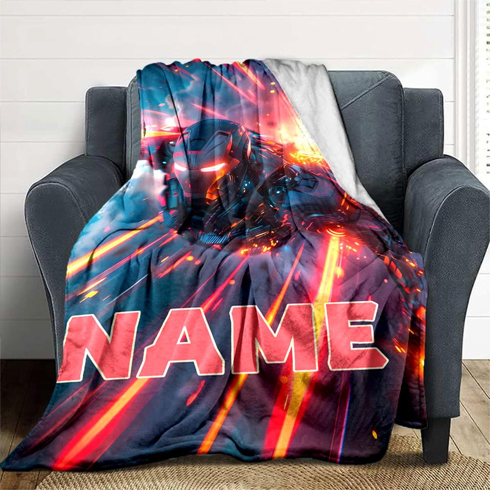 Iron Man In Action With Glowing Repulsors And A Futuristic Background Throw Customizable Blanket Customize Text Warmthful Decor For Sofa Couch Office