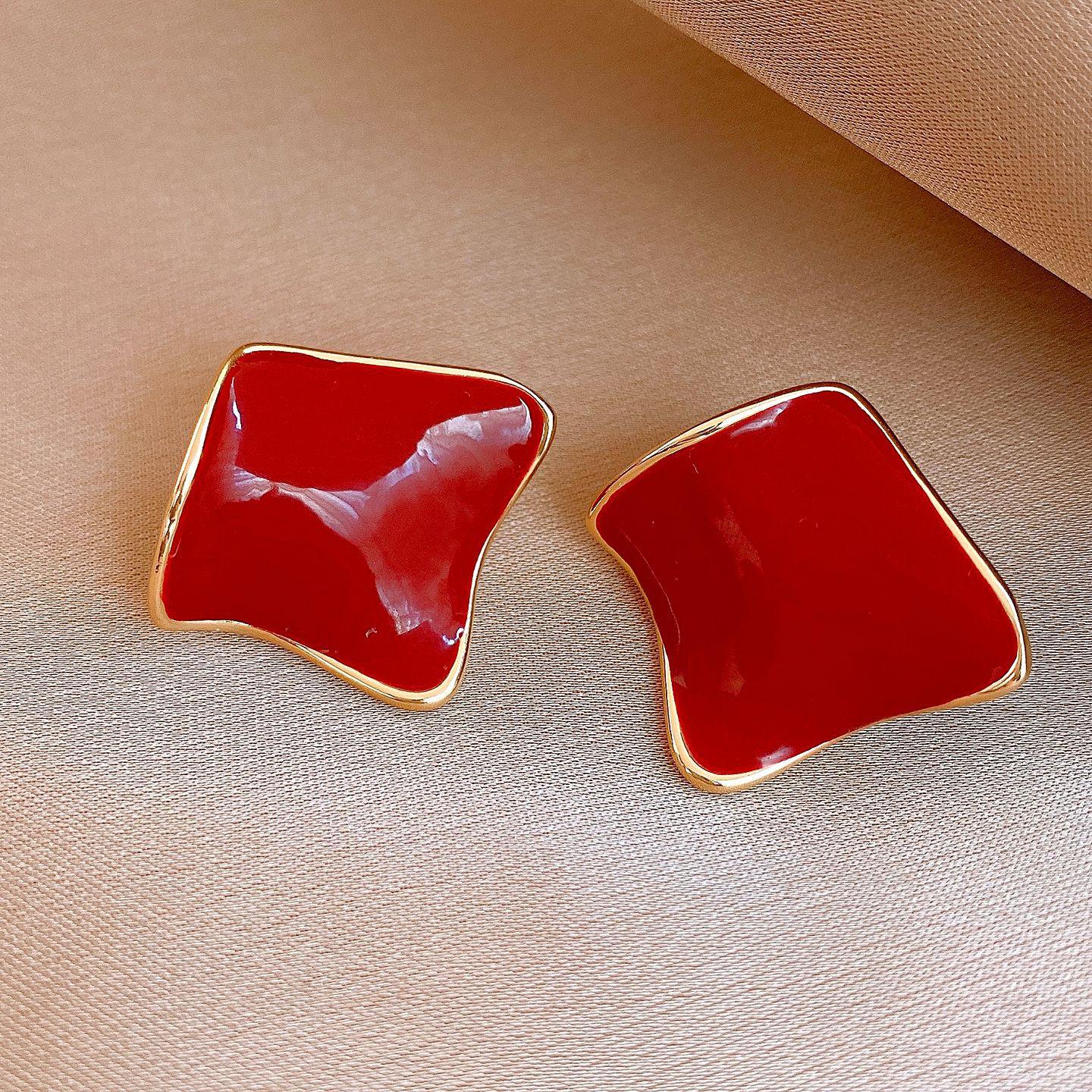 

New Year s Red Oil Drip Diamond Resin Flower Stud Earrings Vintage Earrings Earrings Women