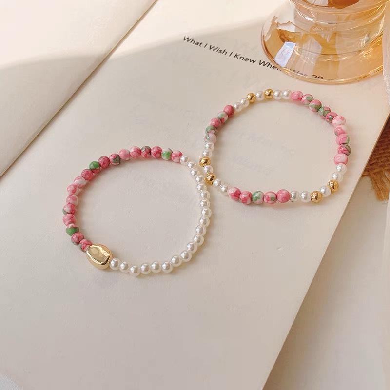 New Chinese Style Pink Pearl Rain Flower Stone Bracelet with Gold Beads - Love & Luck Attracting Hand Jewelry