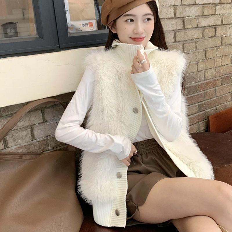 High Collar Knitted Splicing Vest Women's Vest Autumn and Winter Loose Plush Vest Sleeveless Jacket Fluffy Waistcoat