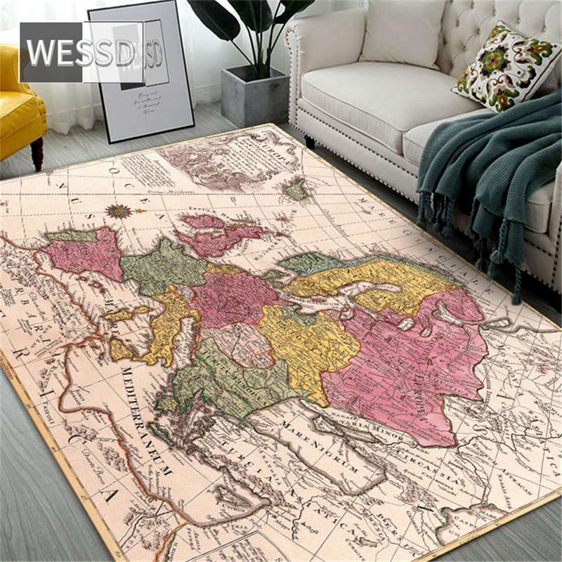 Retro Map Carpet Large Living Room Rug Bedroom Furniture Floor Mat Vintage Decoration Home Flannel Rug Washable Hall Carpet