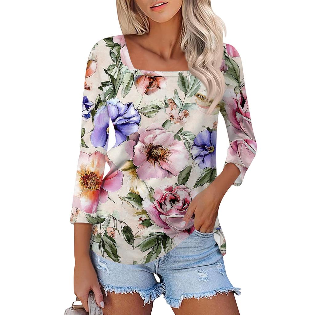 Dámské tričko s potiskem a 3/4 rukávy pro každodenní nošení i na víkend, módní základní top se čtvercovým výstřihem, běžný střih