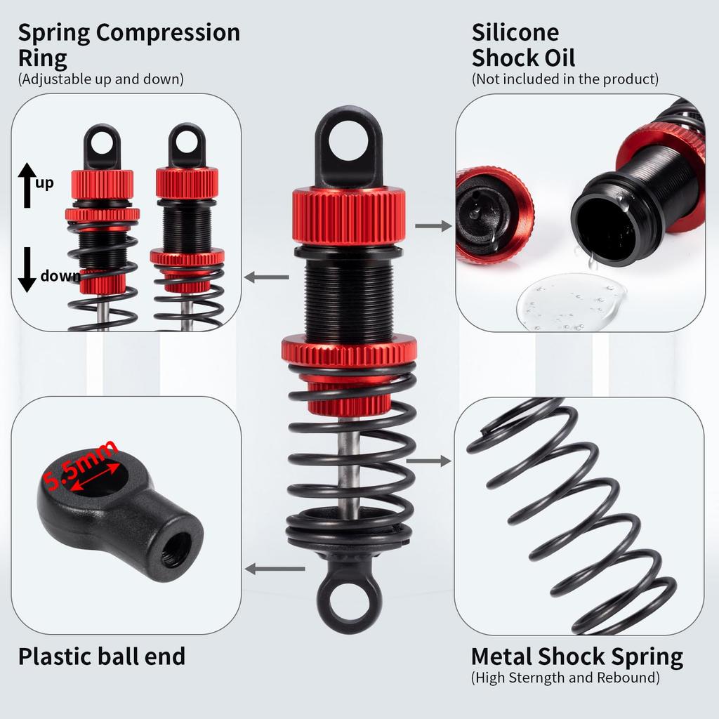TRZX 4pcs RC Shock Absorbers, Front and Rear Shock Absorbers, 55mm and 62mm, Upgrade Parts for Tamiya TT02 1/10 RC Drift Car (62mm Red)