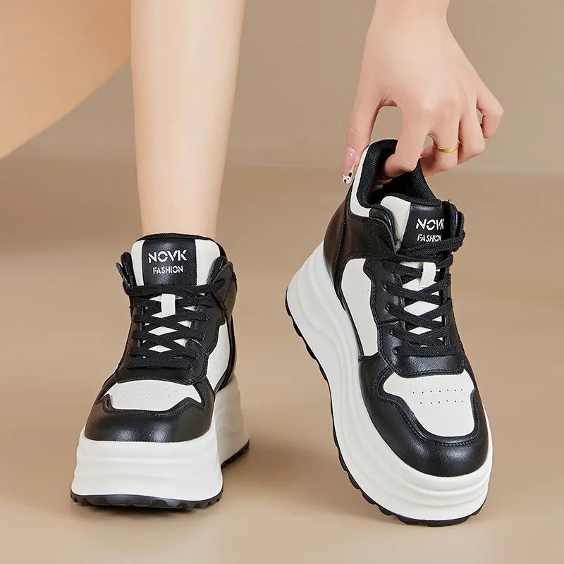 

7 см коровья натуральная кожа женская мода толстые кроссовки весна мода осень платформа клин лоферы высокие удобные туфли 34~40 40 чёрный