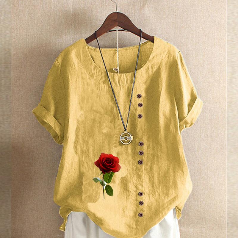 Women's New Fashion Linen Shirt Round Neck Short Sleeve Rose Printed T-shirt Summer Ladies Casual Plus Size Blouse Tops