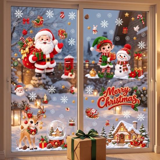 Christmas Window Clings Cling, PVC Waterproof Santa Claus/ Elf Snowman/Elk/House Stickers, Reusable Easy Peel And Stick Holiday Decor Glass