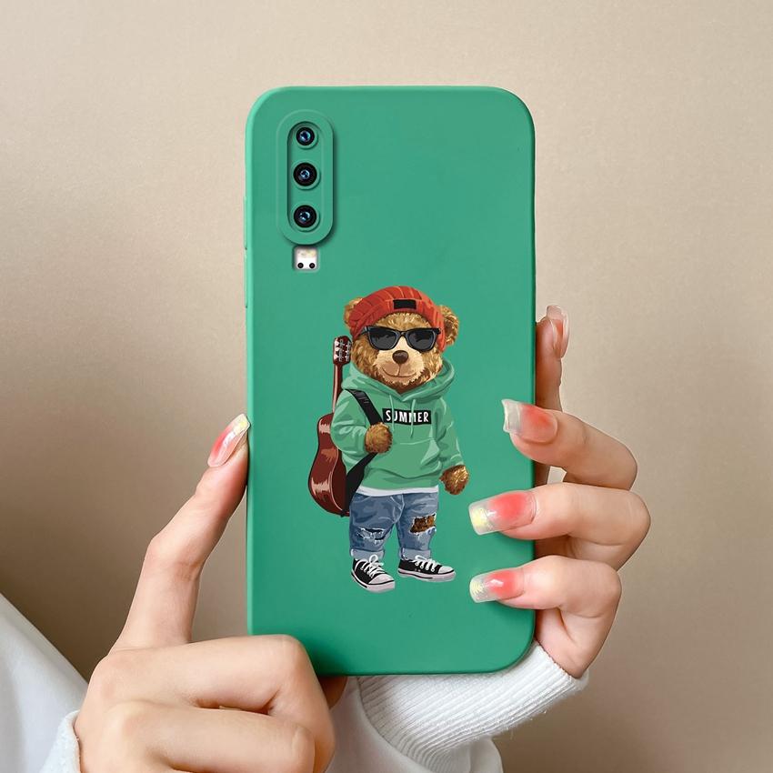 Phone Case For Huawei P30 Y5 P40 Y6 Y9 Y9A Y7 P60 Lens Protection Cute Doll Bear Pattern Liquid Silicone Soft Cover For Huawei Dustproof Bumper Casing