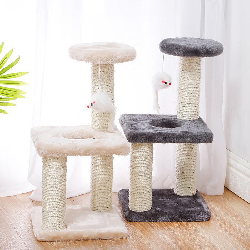 Three Layer Cat Tree Tower with Plush Mouse Toy Stable Base Wear-resistant Indoor Sisal Cats Scratching Post Pet Furniture