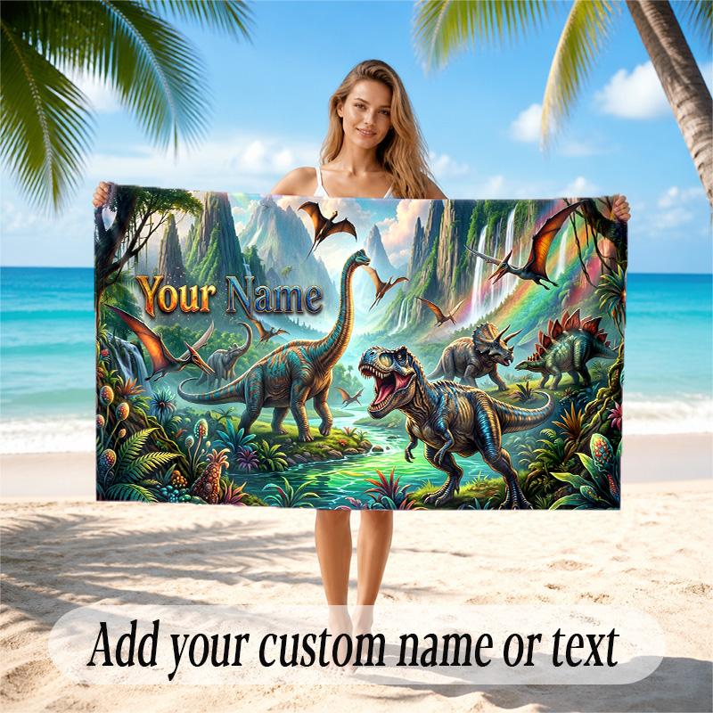 Dinosaur Theme Quick Dry Beach Towel Custom Name Text Print Large Sand Resistant Towel Beach Vacation