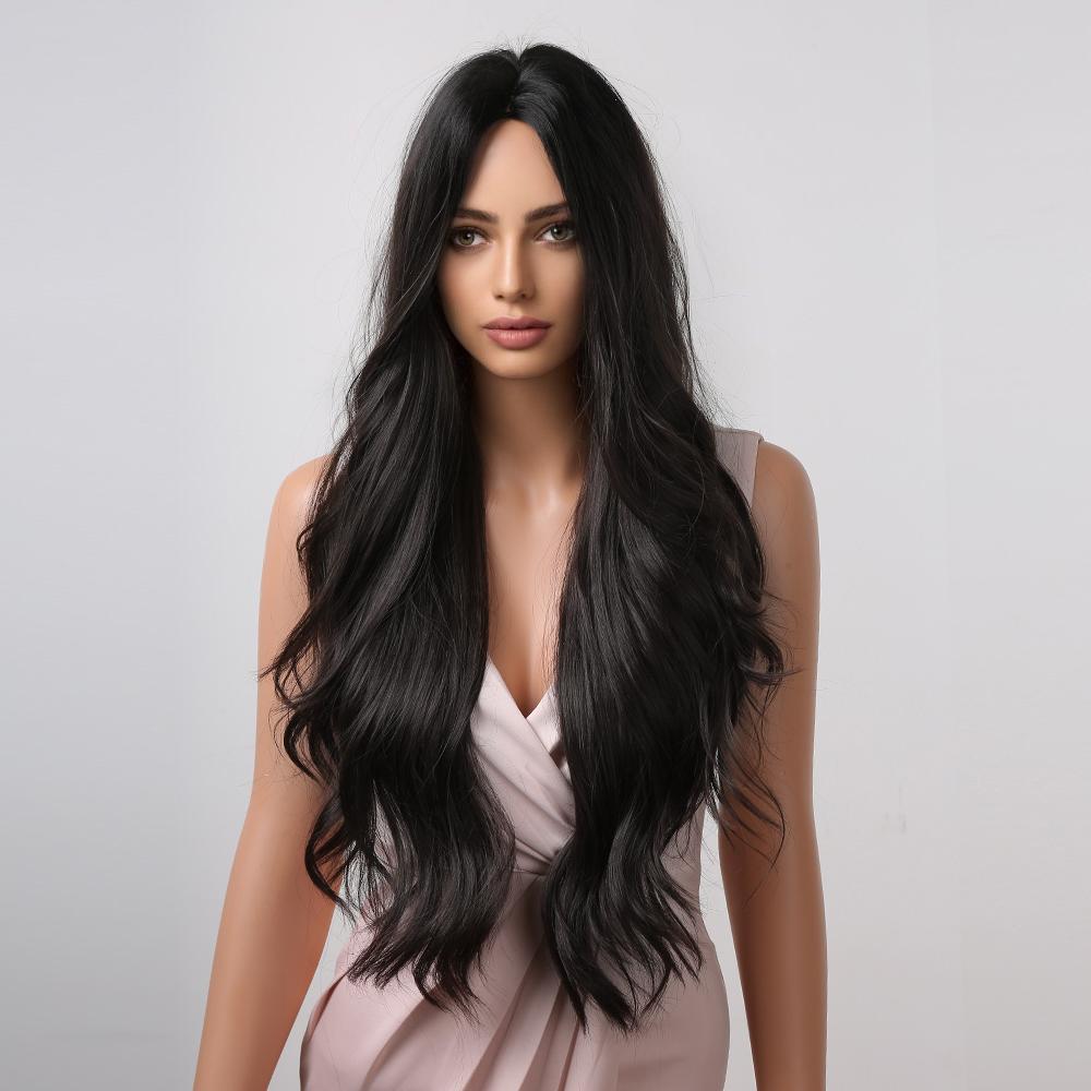 Long Wavy Synthetic Wigs for Black Women Dark Brown Wig Natural Middle Parting Wavy Daily Cosplay Hair Heat Resistant