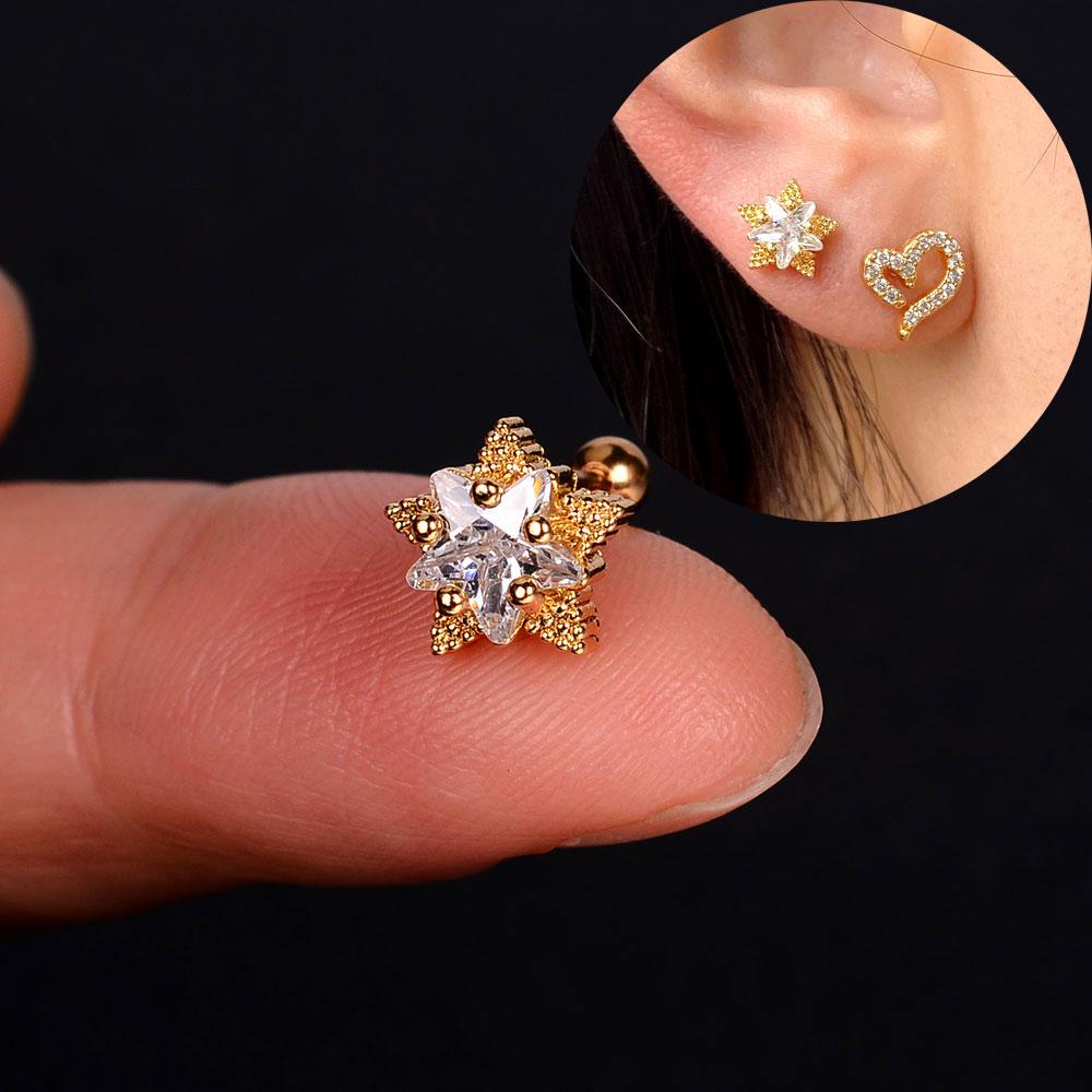 1pcs New Style Stainless Steel Ear Piercing Cz Stud Earrings Snake Moon Round Ball Arc Cartilage Helix Conch Screw Back Earring