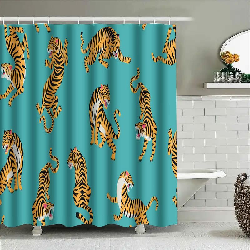 Bright Blue Tiger Shower Curtain Waterproof Fabric Printed for Bathroom Decor