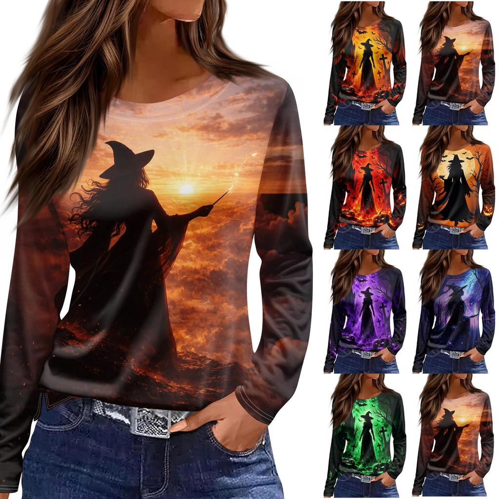 Women's Halloween Printed Long Sleeve Round Neck T-Shirt