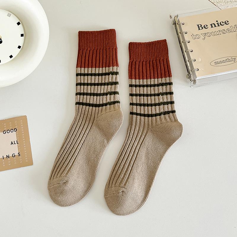 Female Autumn and Winter Thickened Warm Pure Color Cotton Color Striped Retro Tube Stack Socks