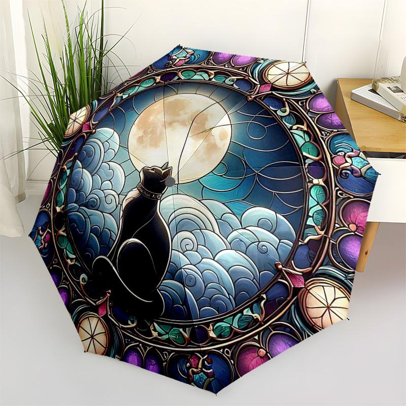 1 Stück Buntglas Katze Mond Wolken Design Automatischer Faltregenschirm - Tragbares 3-fach Design mit 8-Speichen Eisenrahmen, Outdoor für Fans, Reisende, Täglich