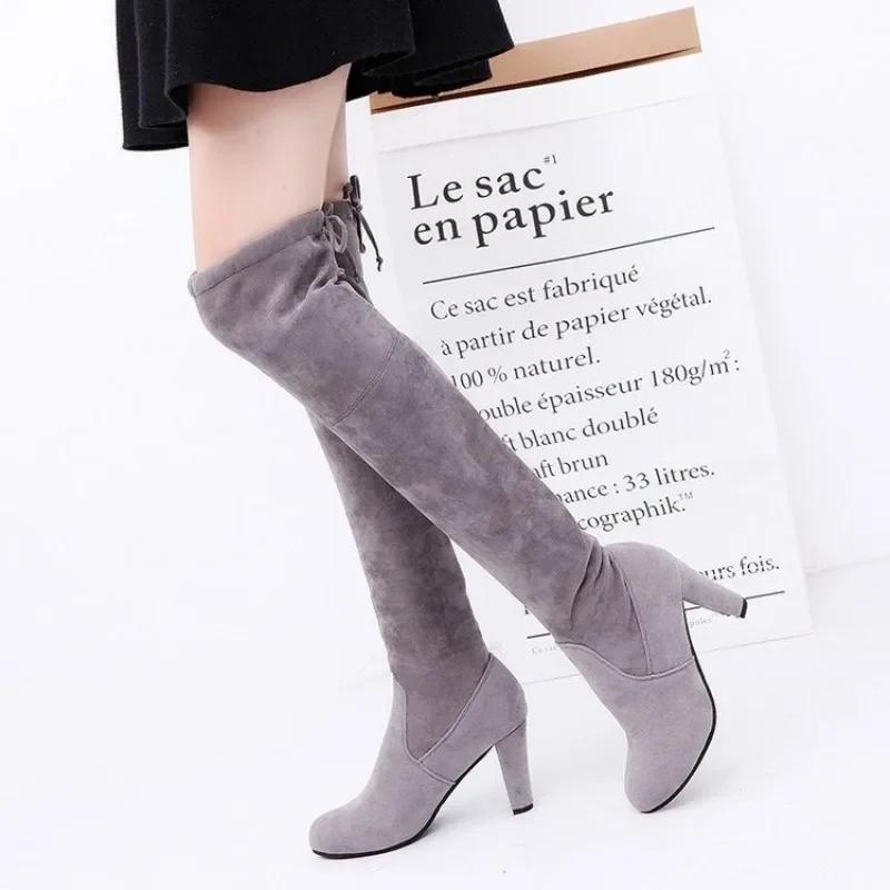 Fashion Brand Thigh High Botines Mujer Plush Fur Shoes Winter Stovepipe Stretch Over Knee Long Boots Women Lace-up Velvet Knight Bottes