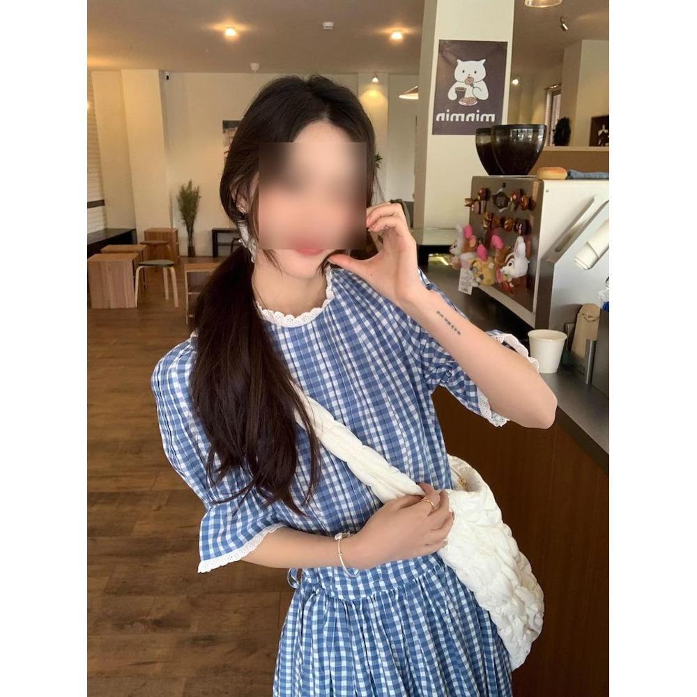 

Женское летнее ретро платье А-силуэта с длинным подолом и кружевной отделкой в клетку - короткий рукав и дизайн, подчеркивающий талию S (under 90 jin)