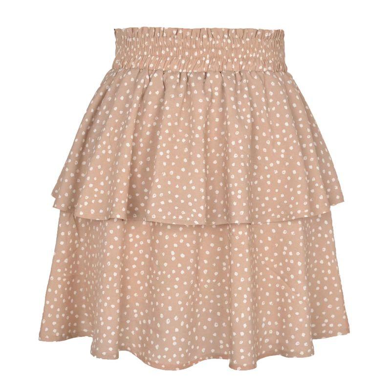

New Double Layer Ruffled Elastic Waist Solid Color Skirt Beige dot M